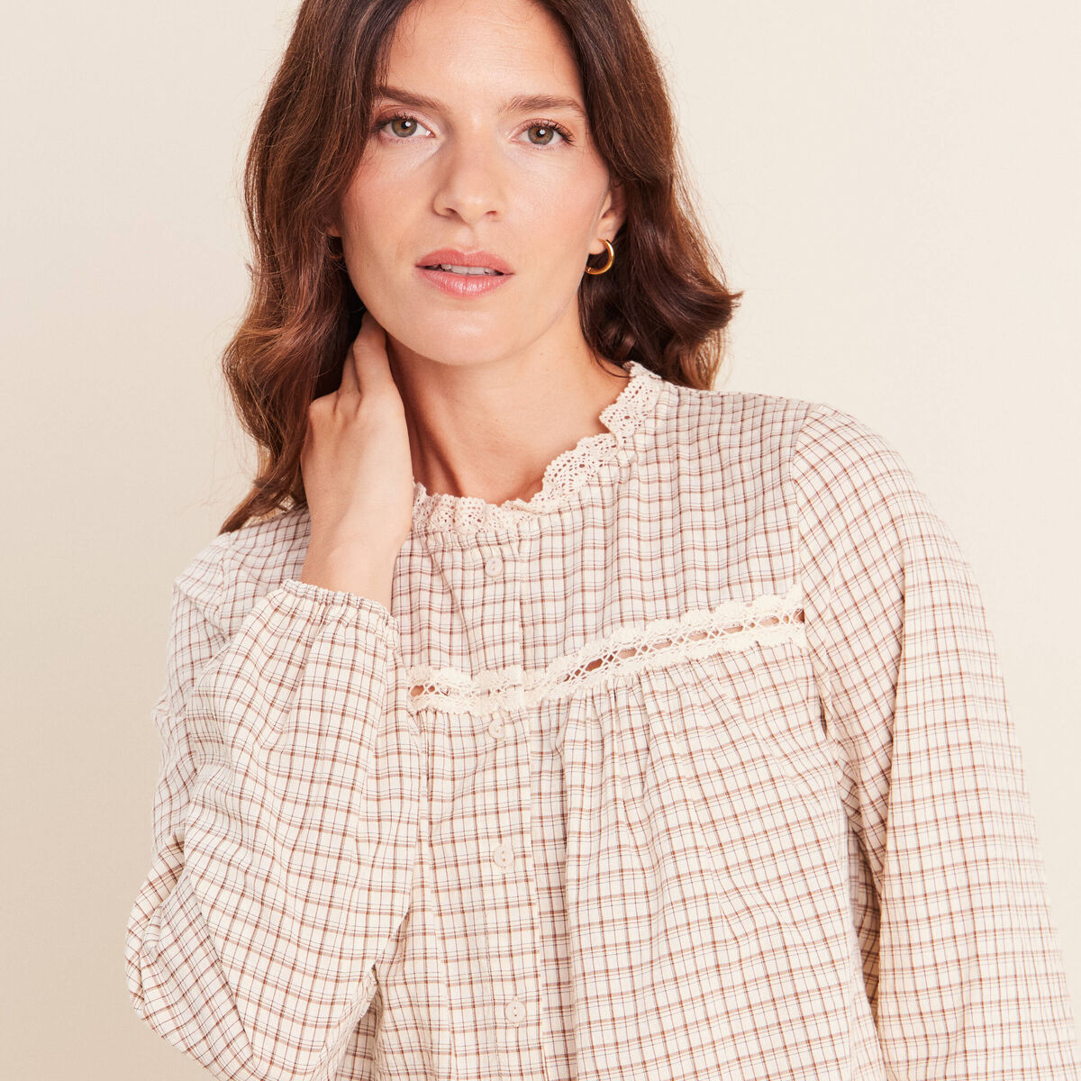 Chemise vichy manches longues col rond marron femme