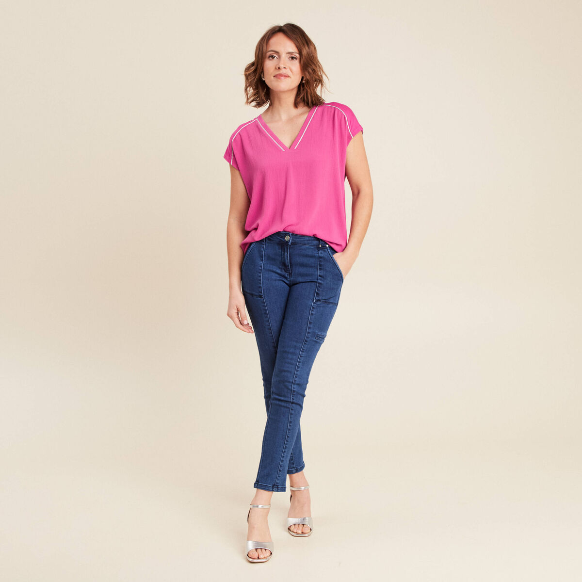 Jean ajusté cargo denim stone femme