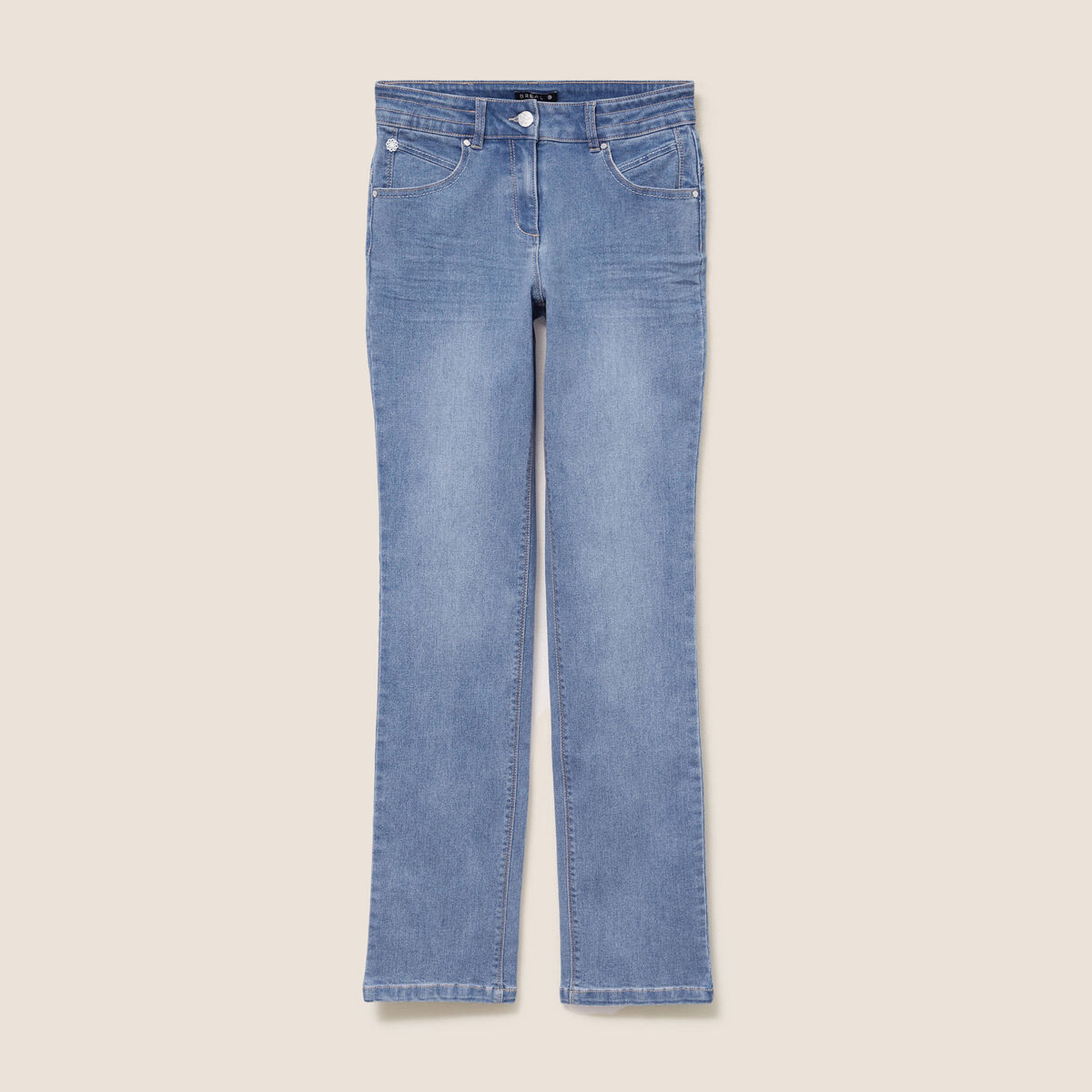 Jean coupe droite taille bascul&eacute;e denim double stone femme