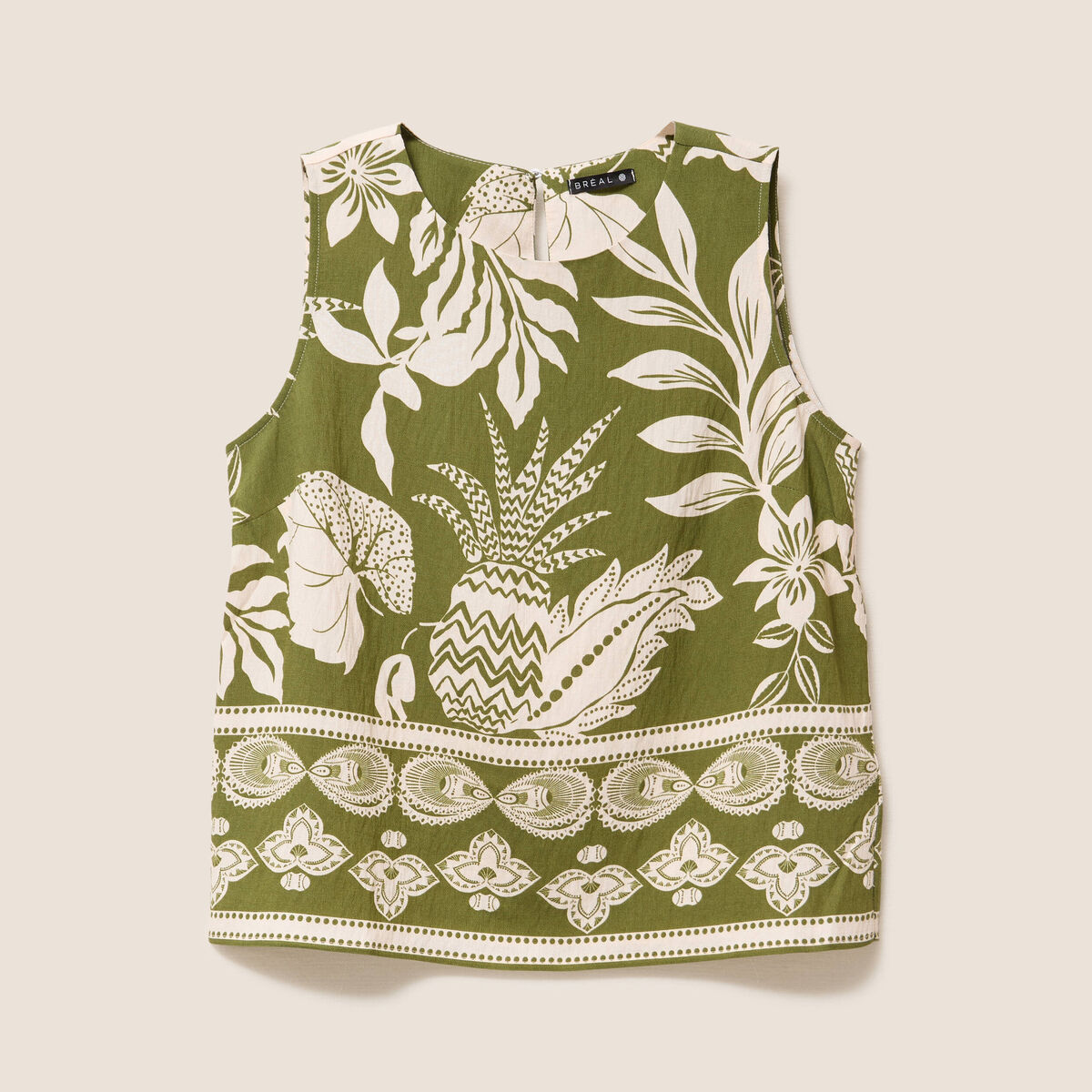 Blouse droite courte sans manches vert kaki femme