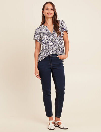 Blouse fluide col V manches courtes bleu femme