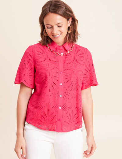 Chemise manches courtes brod&eacute;e rose fushia femme