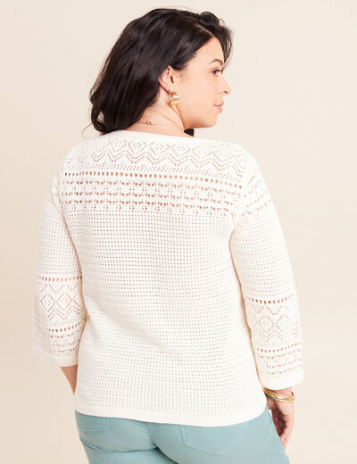 Pull col tunisien manches 3/4 ecru femme
