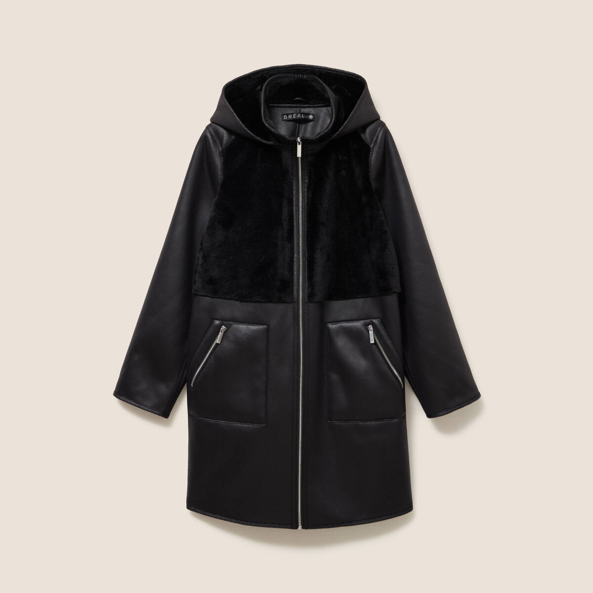 Manteau fausse fourrure capuche amovible noir femme