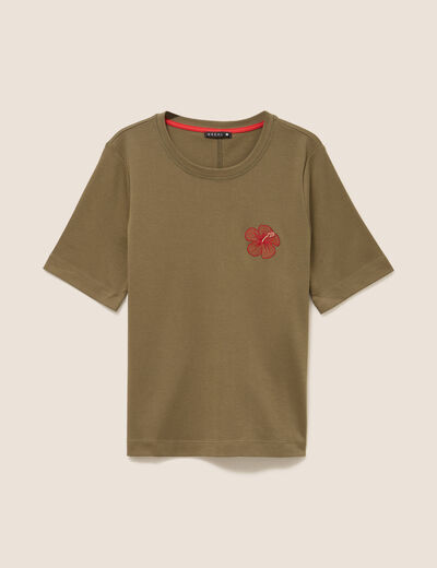T-shirt col rond manches courtes vert kaki femme