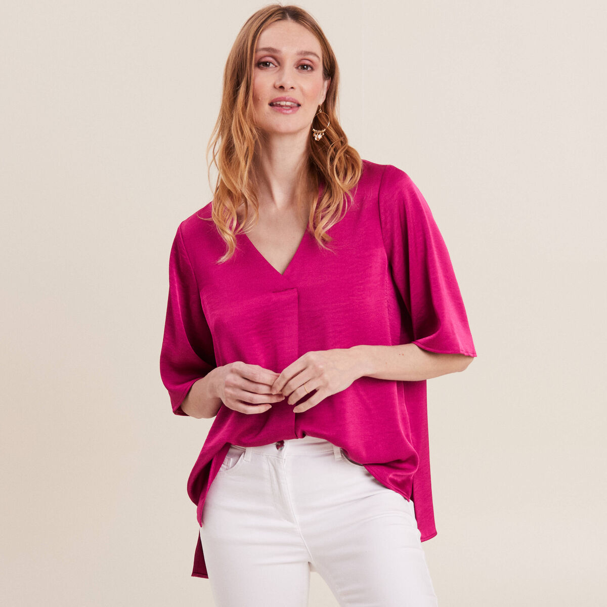 Blouse manches 3/4 satin rose fushia femme