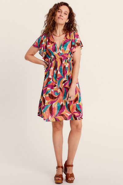 Robe évasée détail smocké beige femme
