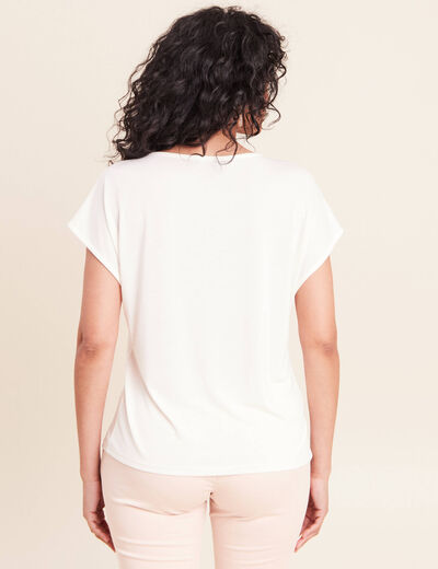 T-shirt col rond manches courtes brod&eacute; ecru femme