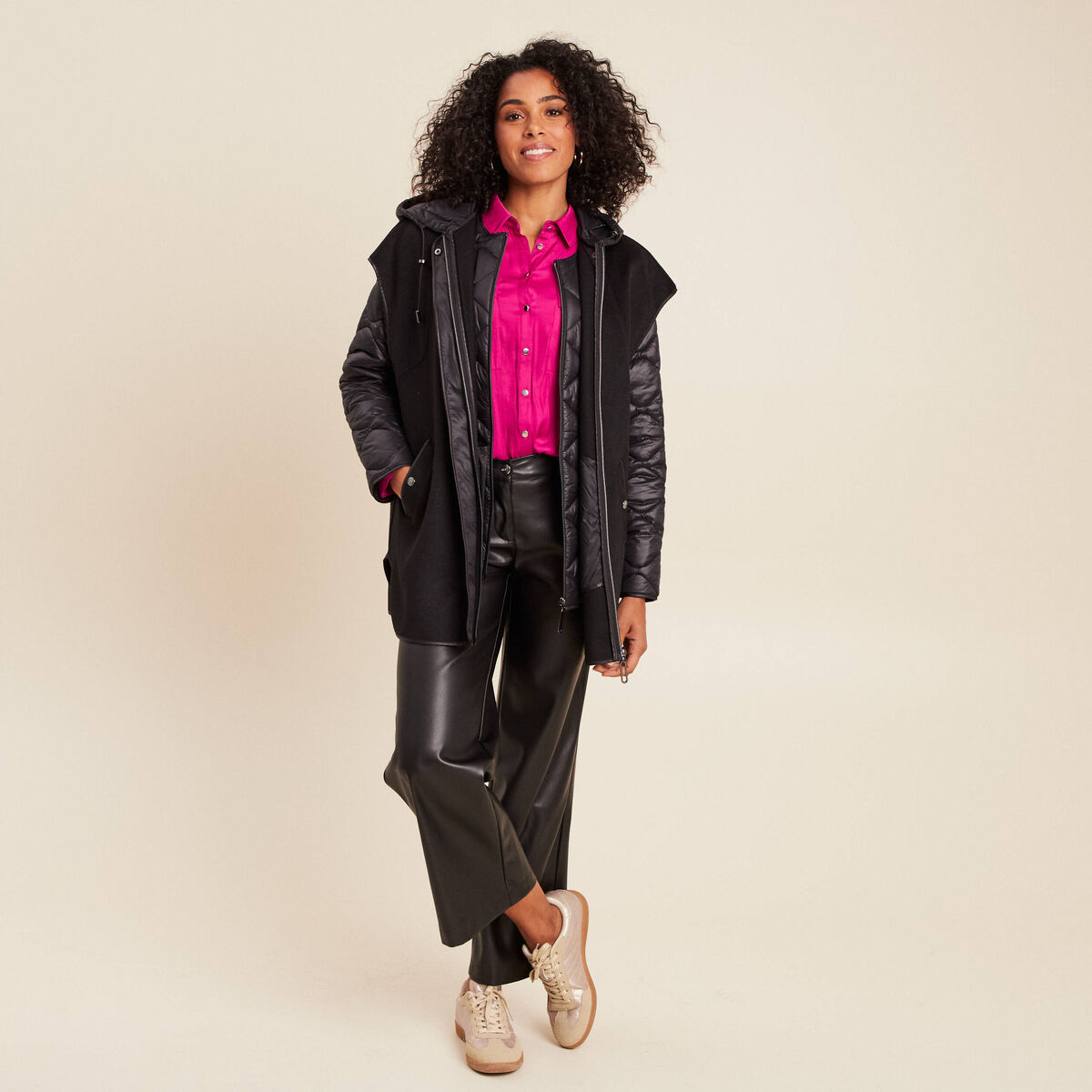 Pantalon taille bascul&eacute;e similicuir noir femme