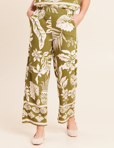 Pantalon large 7/8&egrave;me taille haute vert kaki femme