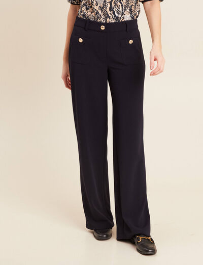 Pantalon coupe droite taille haute bleu fonc&eacute; femme