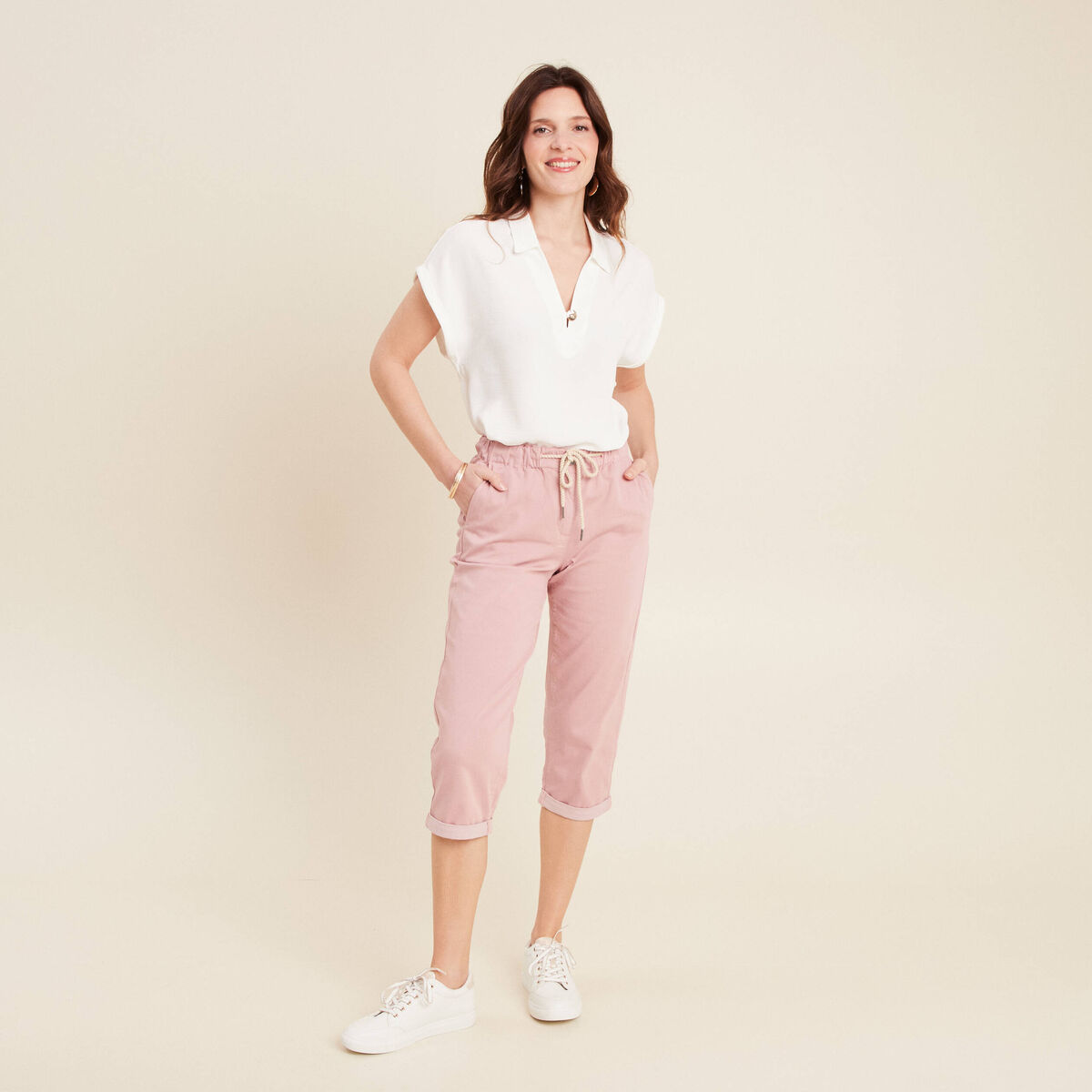 Pantacourt large taille haute rose pastel femme