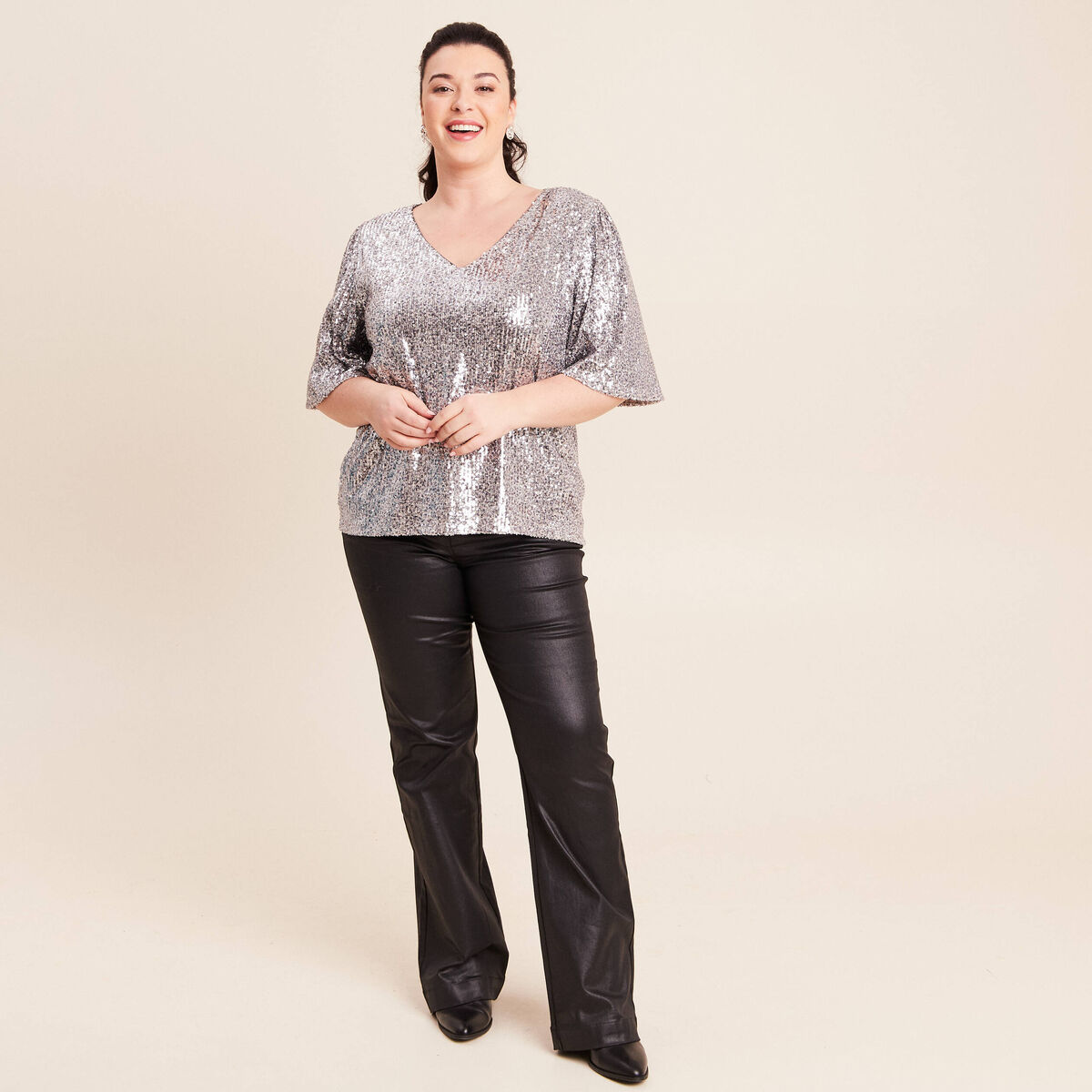 T-shirt &agrave; sequins manches coudes gris argent femme
