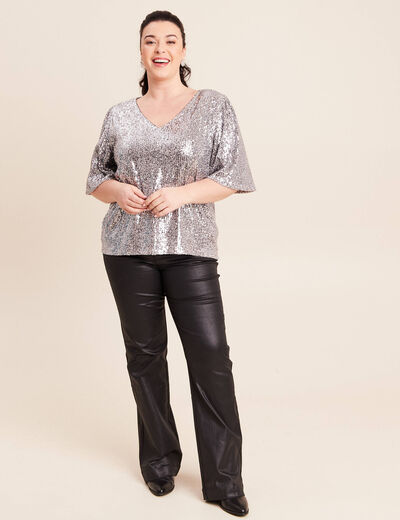 T-shirt &agrave; sequins manches coudes gris argent femme
