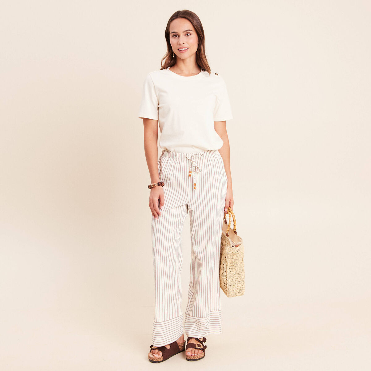 Pantalon large taille haute taupe femme