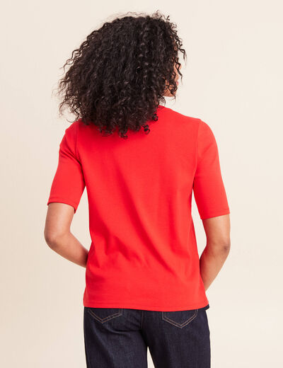 T-shirt ajust&eacute; col rond manches coudes rouge fluo femme