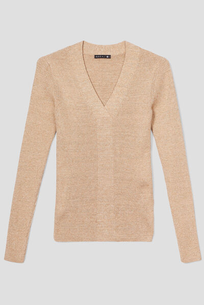 Pull manches longues côtelé couleur or femme