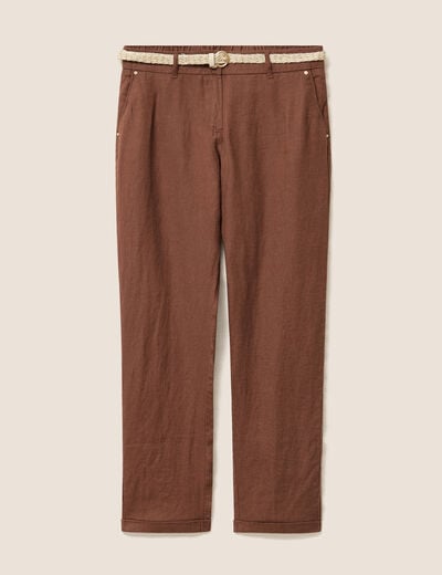 Pantalon coupe chino en lin ceintur&eacute; marron fonc&eacute; femme