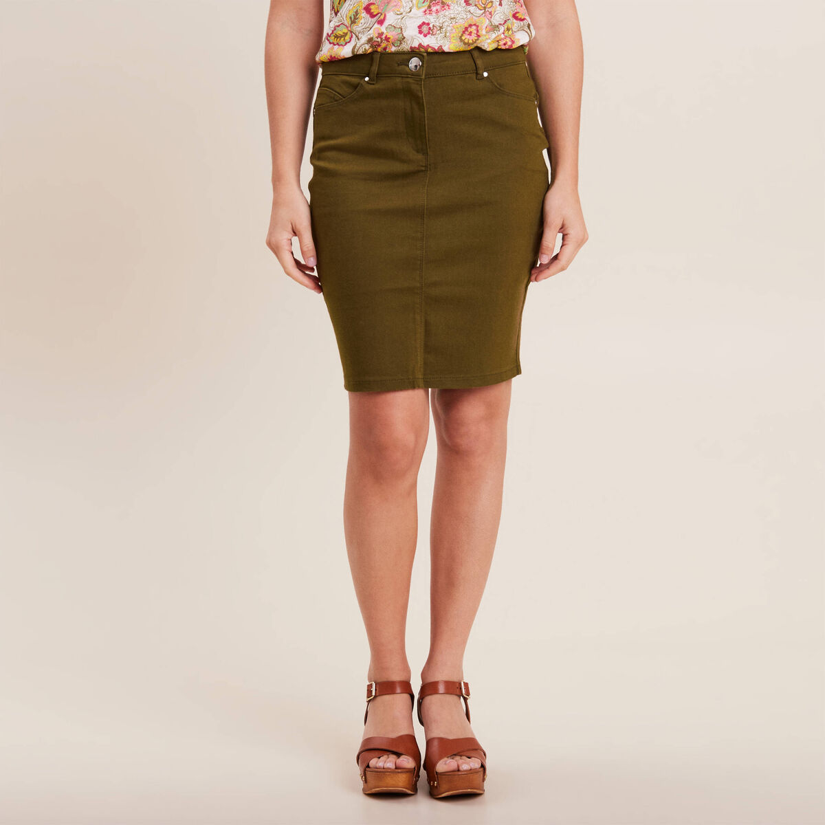 Jupe droite vert olive femme