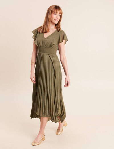 Robe longue &eacute;vas&eacute;e &agrave; volants vert kaki femme