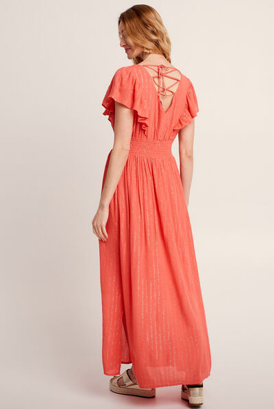 Robe longue droite à laçage orange clair femme