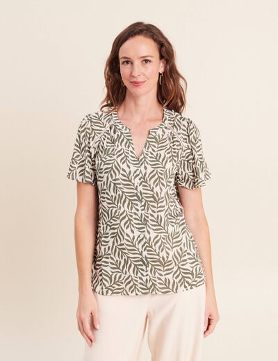 Blouse col v manches courtes fluide vert femme
