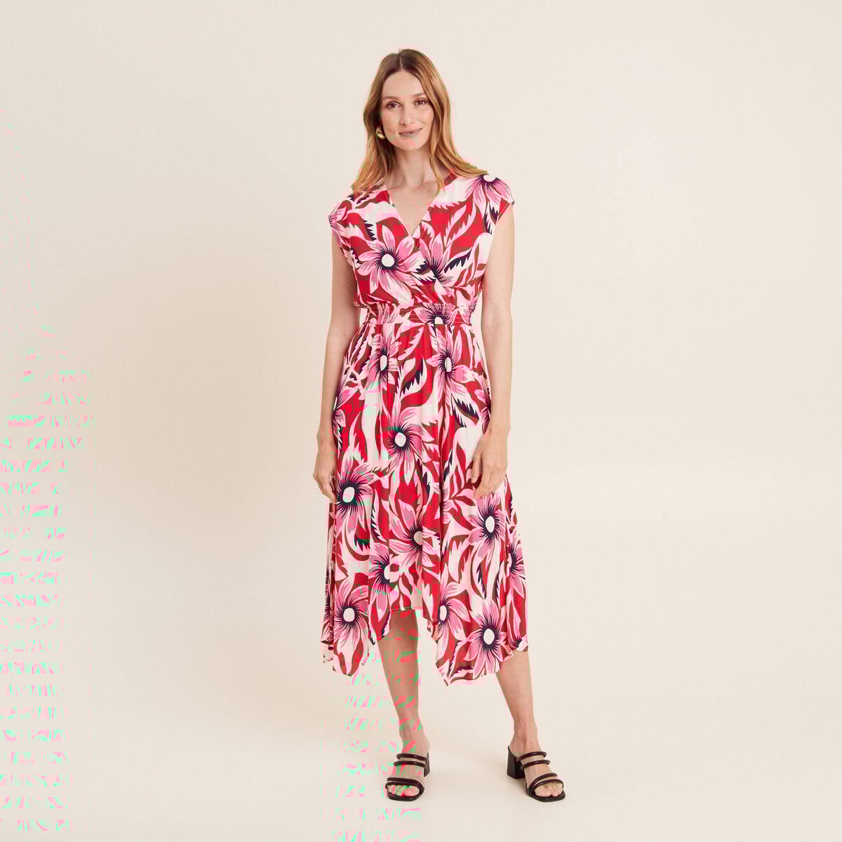 Robe midi évasée fluide rouge femme