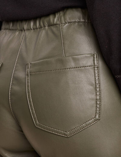 Pantalon paperbag simili cuir vert kaki femme