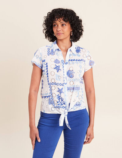 Chemisier ajust&eacute; manches courtes brod&eacute; bleu femme
