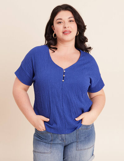 T-shirt col v manches courtes bleu fonc&eacute; femme