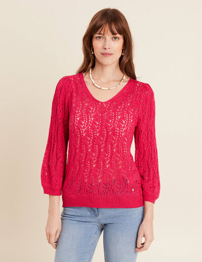 Pull manches 3/4 ajouré rose fushia femme