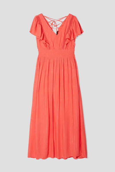 Robe longue droite à laçage orange clair femme
