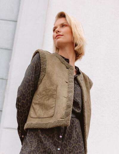 Gilet r&eacute;versible laine mouton vert kaki femme