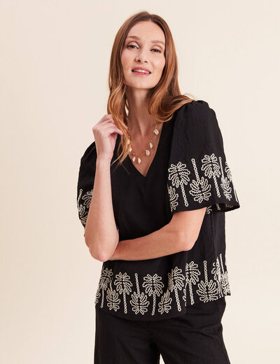 Blouse droite courte manches coudes noir femme