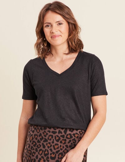 T-shirt col V manches courtes noir femme
