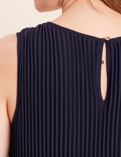 Robe pliss&eacute;e sans manches col rond bleu marine femme