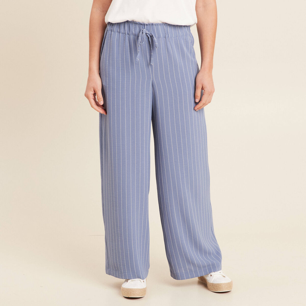 Pantalon large taille haute bleu ciel femme