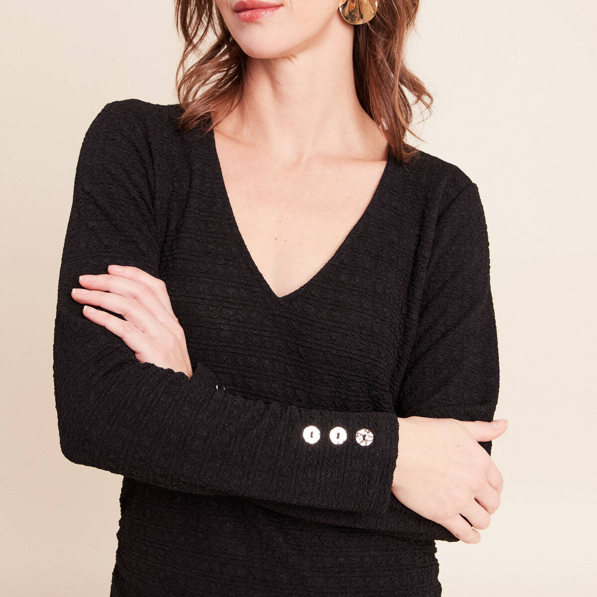 Robe col v manches longues noir femme