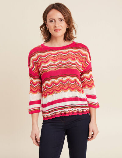 Pull manches 3/4 ajouré rose fushia femme