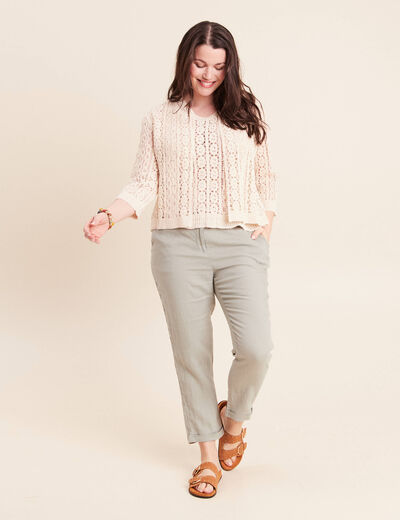 Gilet manches 3/4 ajour&eacute; ecru femme