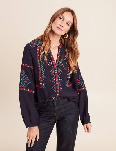Chemise broderie manches longues rouge femme