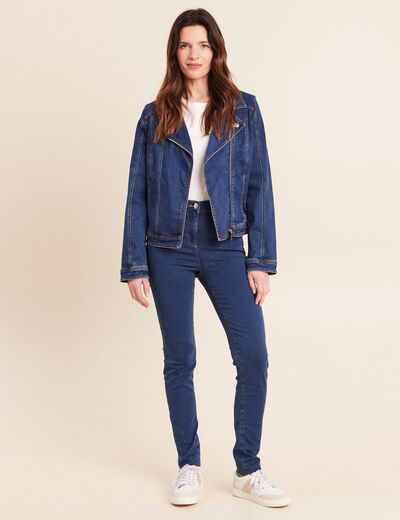 Veste ajust&eacute;e en jean col biker denim stone femme