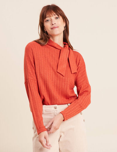 T-shirt col nou&eacute; manches longues rouge fonc&eacute; femme