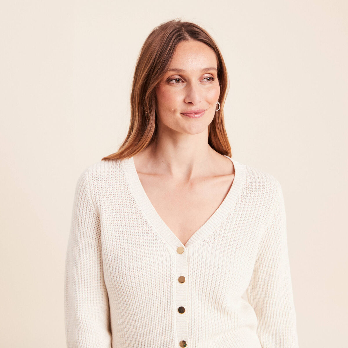 Gilet col v manches longues ecru femme
