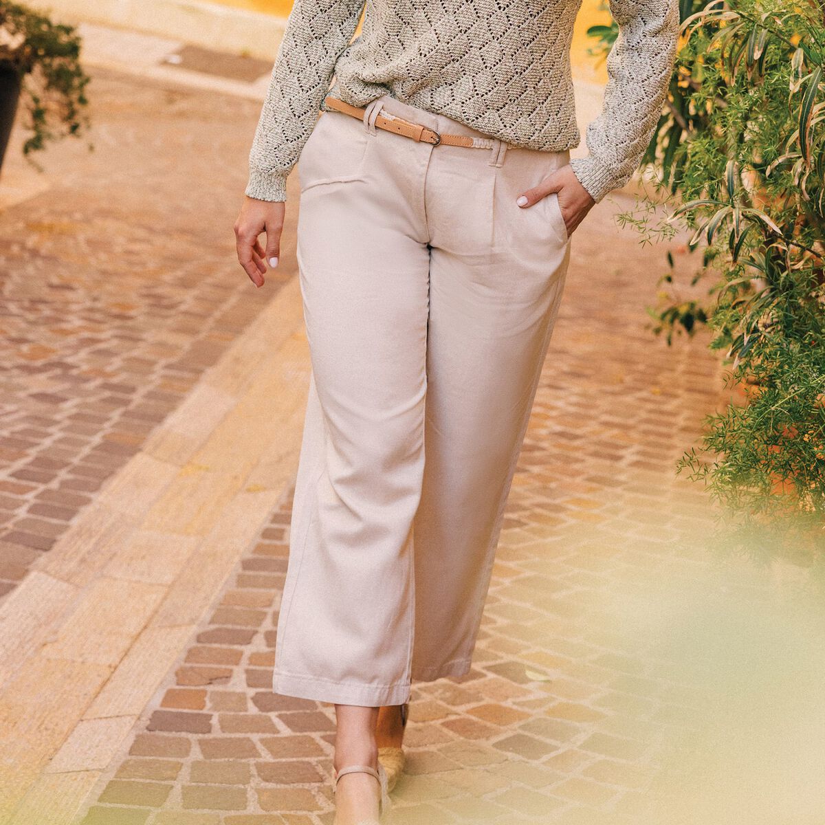 Pantalon large 7/8ème à pinces ivoire femme