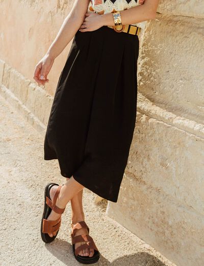 Jupe longue évasée ceinturée noir femme