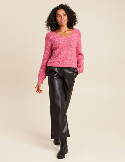 Pull col v manches longues rose fushia femme