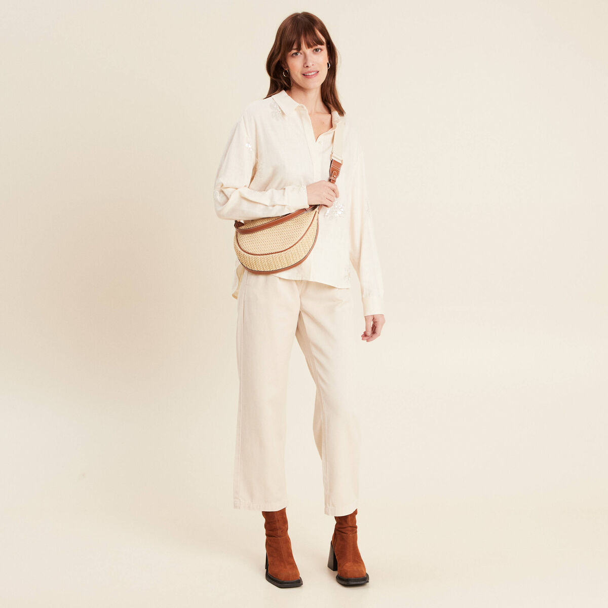 Pantalon large 7/8ème à pinces ivoire femme