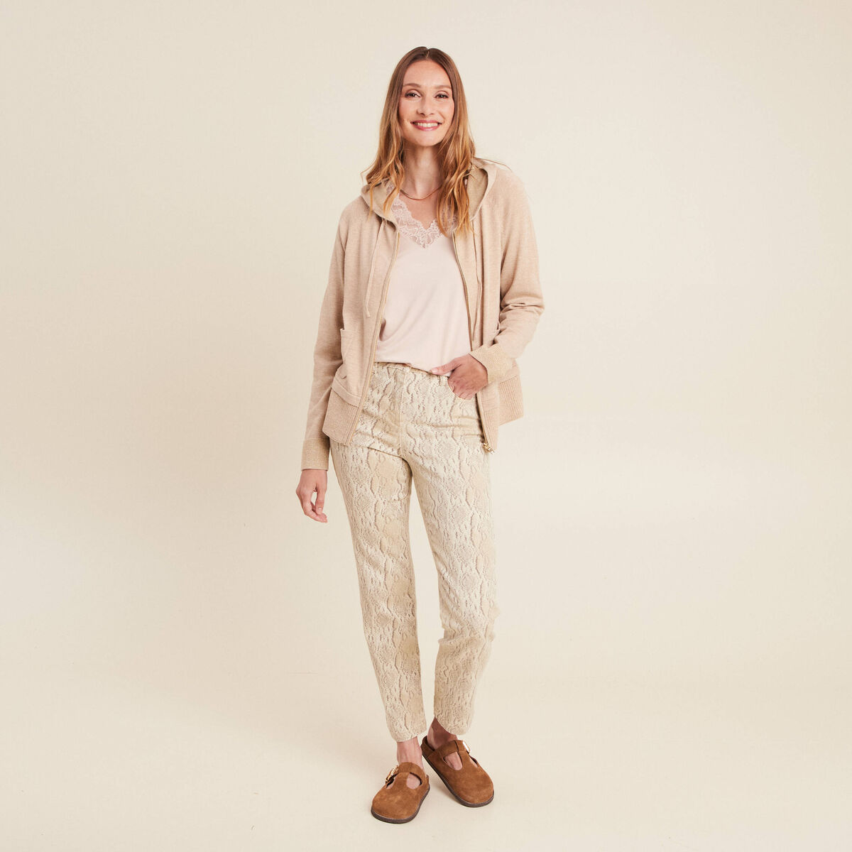 Pantalon 7/8ème taille haute beige femme