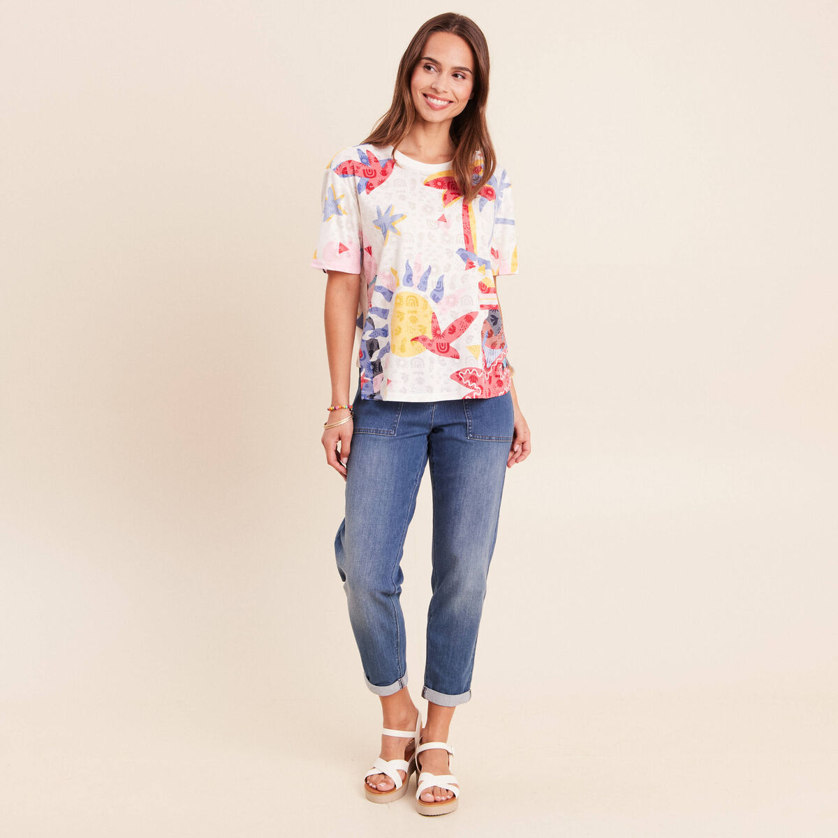 T-shirt ample col rond manches courtes blanc femme